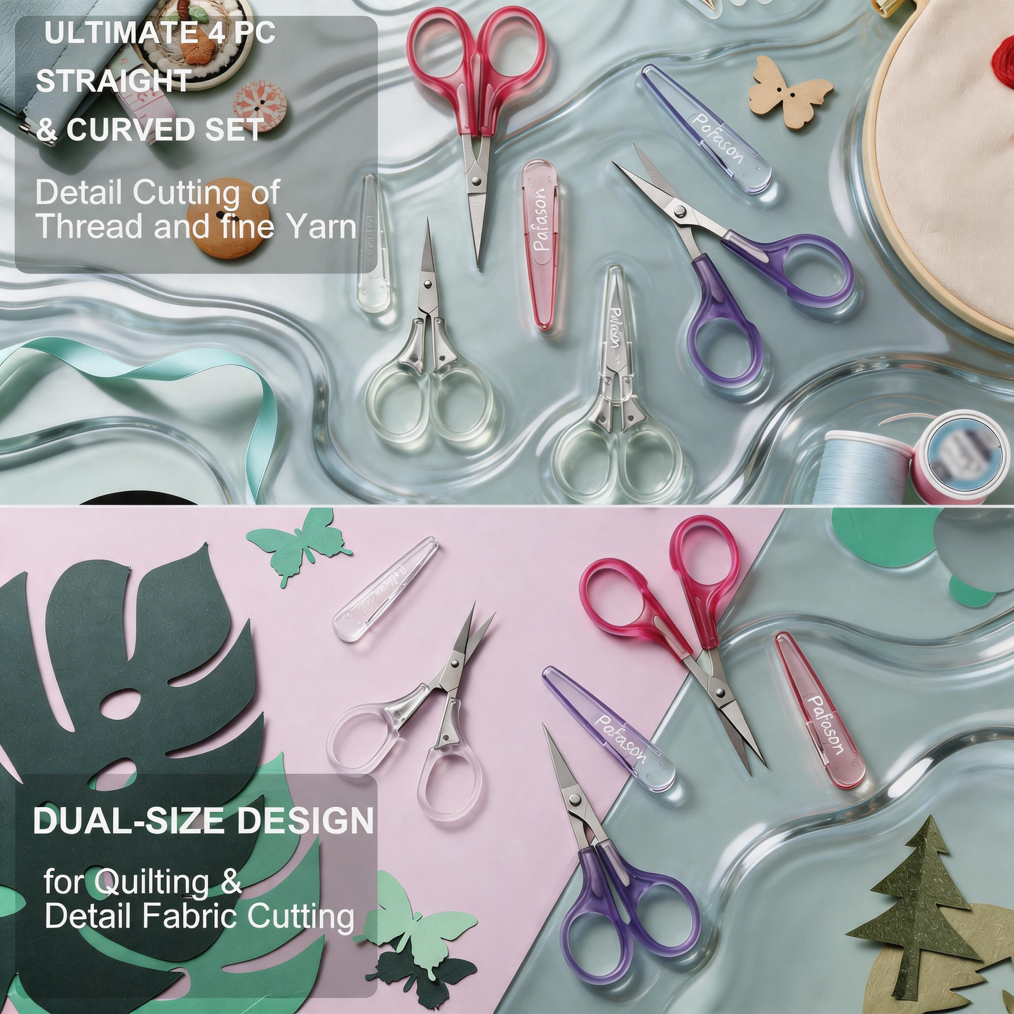 PAFASON Small Travel Craft Scissors Set Straight Curved Precision Tip All Purpose for Scrapbooking Quilting Sewing Knitting Embroidery Cross Stitch Crochet Thread Yarn Paper Detail Cutting Safety Case