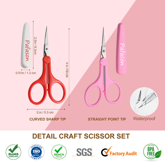 PAFASON 4" Stainless Steel Detail Craft Scissors Set with Straight & Curved Precise Tips & TSA Complied Ideal for Scrapbooking, Paper Yarn Thread Fabric Cutting Sewing Quilting Embroidery Knitting