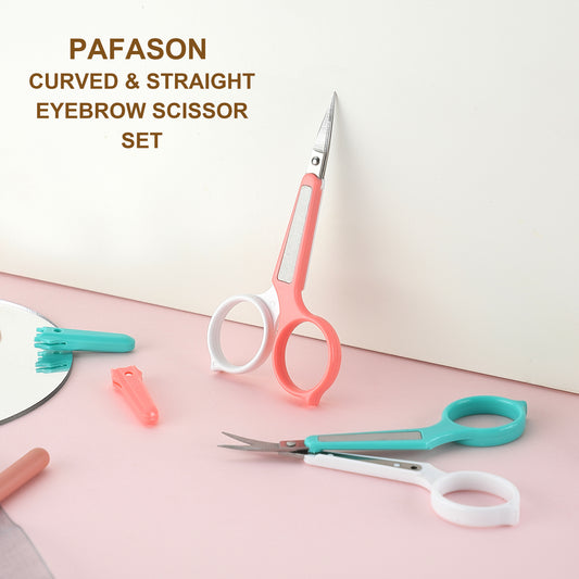 PAFASON High Precision Eyebrow Grooming Scissor Set, Beauty Makeup Cosmetic Tool, Curved, Straight Tip, Stainless Steel, Safety Case for Trimming Eyelash Extensions