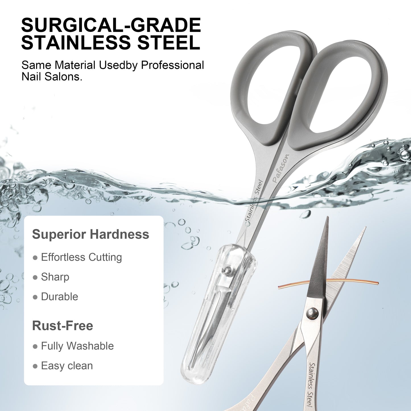 PAFASON High Precision Manicure Scissor Set, 2 PC Multi-Purpose Curved and Straight Cuticle Beauty Grooming Tool for Eyelash, Eyebrow Nail Dry Skin,Stainless Steel, Safety Cases