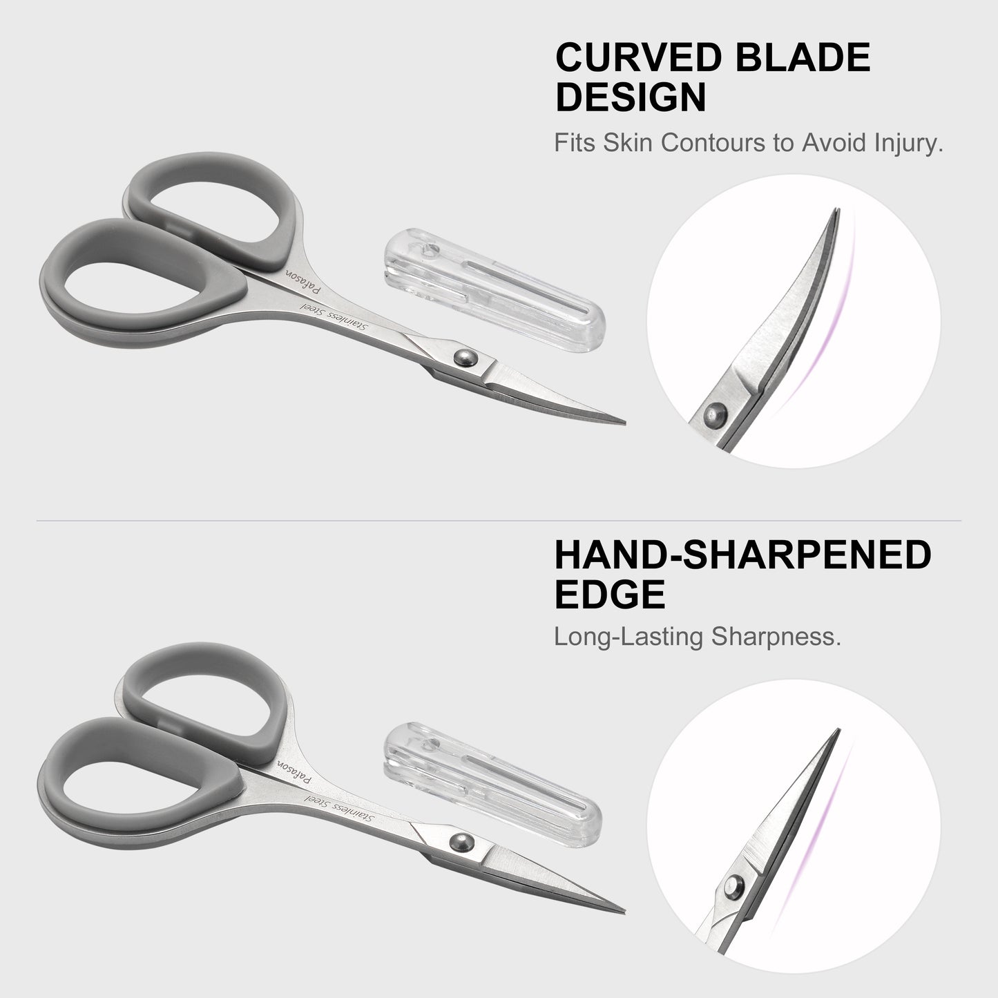 PAFASON High Precision Manicure Scissor Set, 2 PC Multi-Purpose Curved and Straight Cuticle Beauty Grooming Tool for Eyelash, Eyebrow Nail Dry Skin,Stainless Steel, Safety Cases