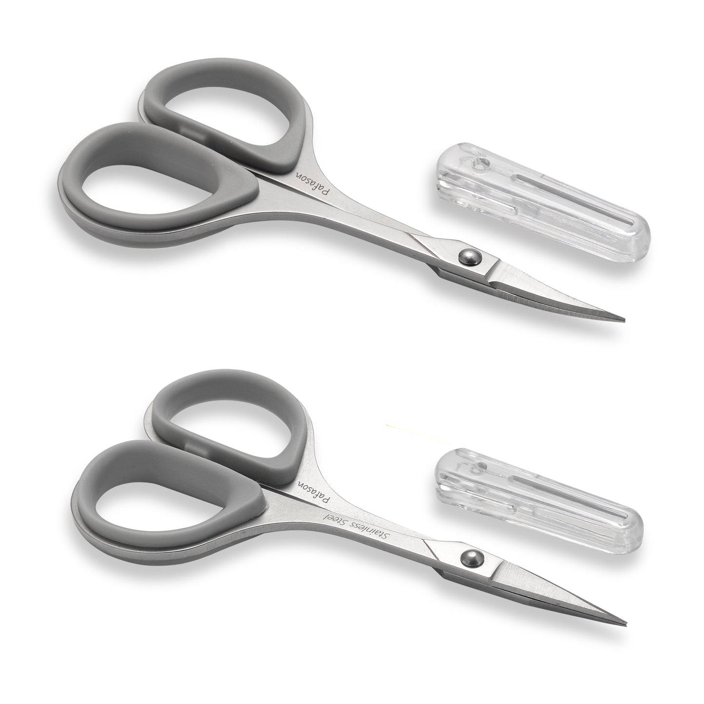 PAFASON Small Travel Manicure Scissors Set, 2 PC Multi-Purpose Curved and Straight Precision Tip Cuticle Beauty Grooming Tool for Eyelash, Eyebrow Nail Dry Skin,Stainless Steel, Safety Cases