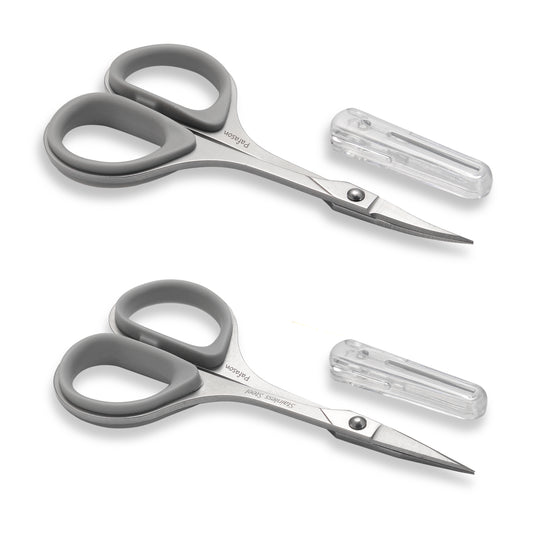 PAFASON Small Travel Manicure Scissors Set, 2 PC Multi-Purpose Curved and Straight Precision Tip Cuticle Beauty Grooming Tool for Eyelash, Eyebrow Nail Dry Skin,Stainless Steel, Safety Cases