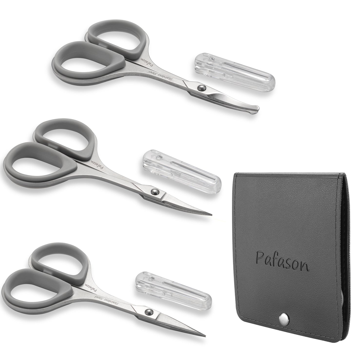 PAFASON Ultra Sharp Beard Scissors Set, High Precision Straight Curved Round Tip Mustache Facial Nose Hair Trimming Tool, Stainless Steel, Safety Case, Premium Leather Pouch