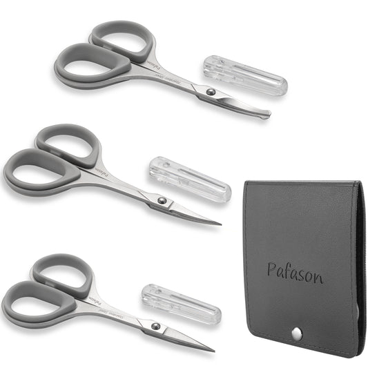 PAFASON Ultra Sharp Beard Scissors Set, High Precision Straight Curved Round Tip Mustache Facial Nose Hair Trimming Tool, Stainless Steel, Safety Case, Premium Leather Pouch