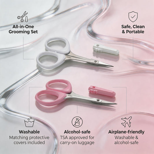 PAFASON Small High Precision Eyebrow Grooming Scissors Set, Beauty Makeup Cosmetic Tool, Curved, Straight Tip, Stainless Steel, Safety Case for Trimming Eyelash Extensions