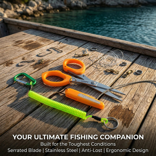 PAFASON 4.5" Fishing Scissors for Braided Line, Lanyard, Stainless Steel, Serrated Blades, Large Finger Holes, Non Slip Grip, Fishing Line Cutter, Safety Case