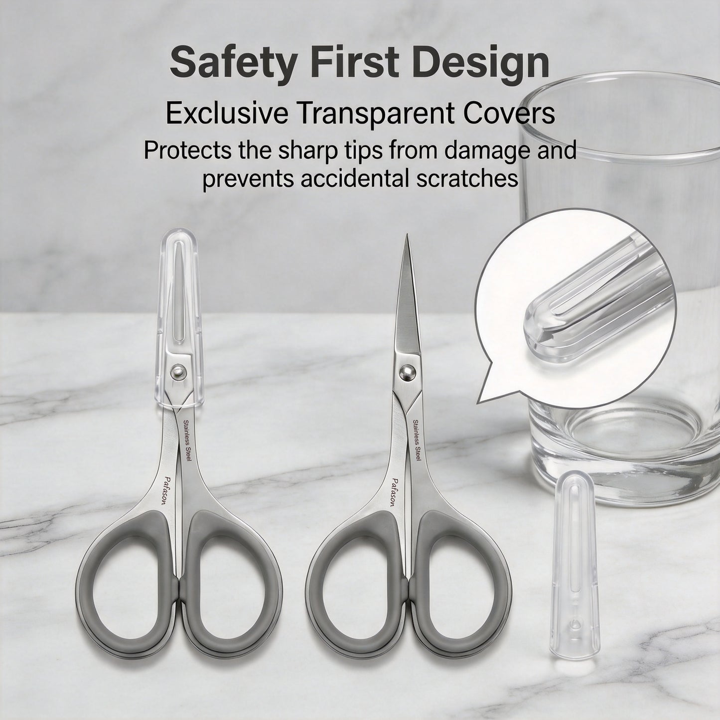 PAFASON Small Travel Manicure Scissors Set, 2 PC Multi-Purpose Curved and Straight Precision Tip Cuticle Beauty Grooming Tool for Eyelash, Eyebrow Nail Dry Skin,Stainless Steel, Safety Cases
