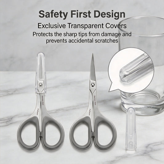 PAFASON Small Travel Manicure Scissors Set, 2 PC Multi-Purpose Curved and Straight Precision Tip Cuticle Beauty Grooming Tool for Eyelash, Eyebrow Nail Dry Skin,Stainless Steel, Safety Cases