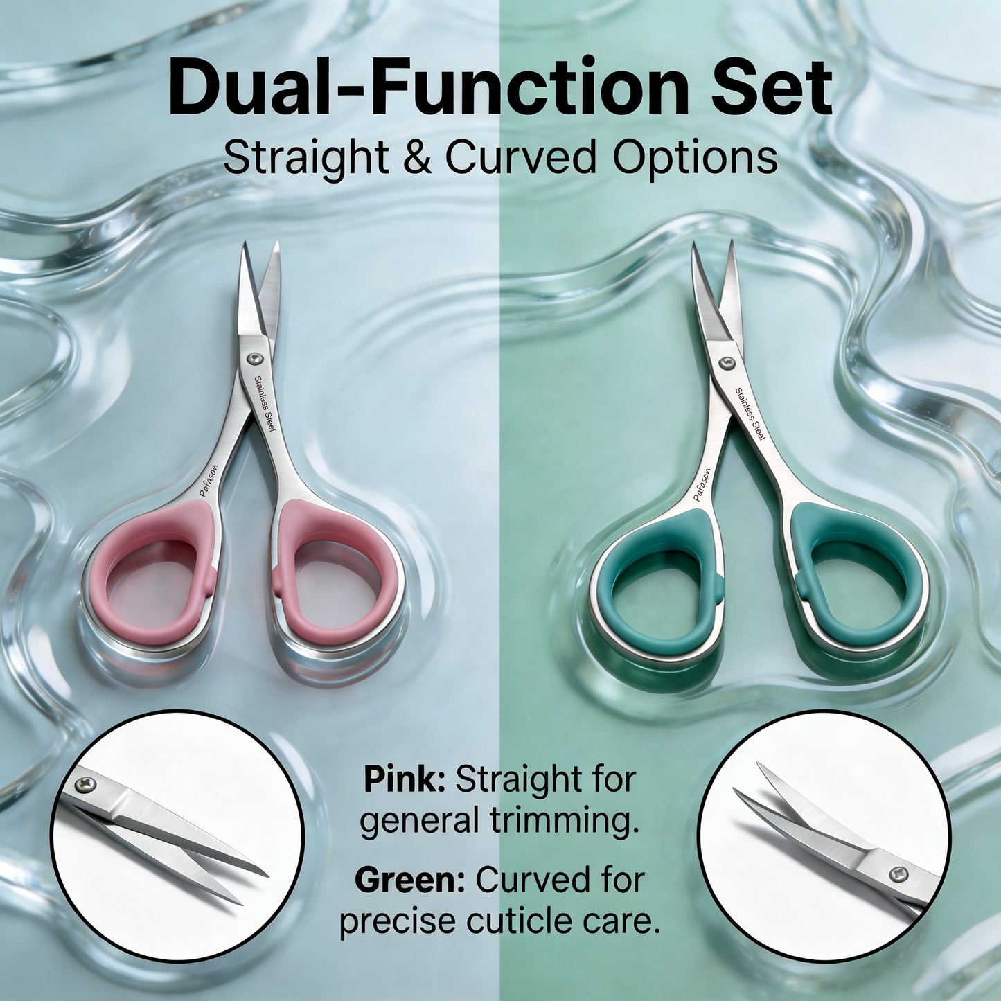 PAFASON Small Travel Cuticle Scissors Set, 2PC Multi-Purpose Curved and Straight Precision Tip Manicure Pedicure Beauty Grooming Tool for Nail Dry Skin,Stainless Steel, Premium Leather Cases
