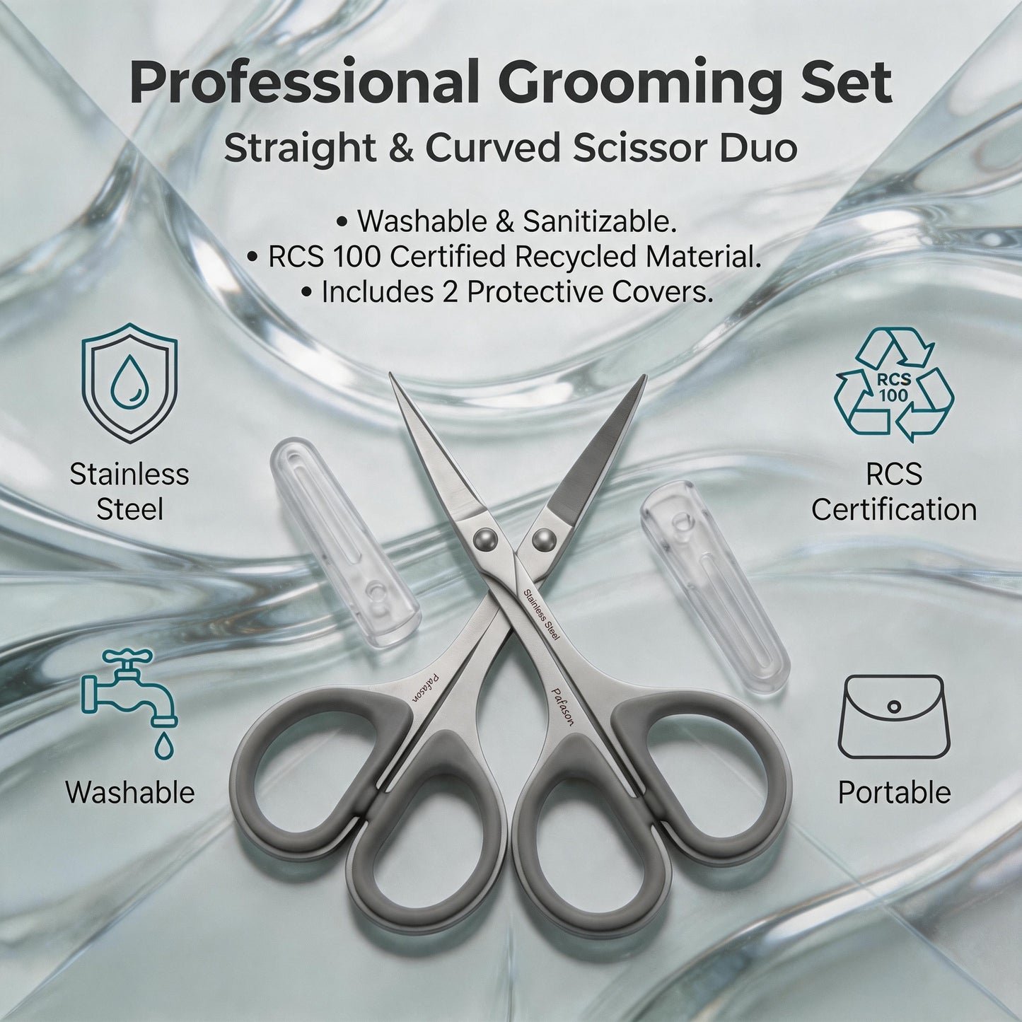 PAFASON Small Travel Manicure Scissors Set, 2 PC Multi-Purpose Curved and Straight Precision Tip Cuticle Beauty Grooming Tool for Eyelash, Eyebrow Nail Dry Skin,Stainless Steel, Safety Cases