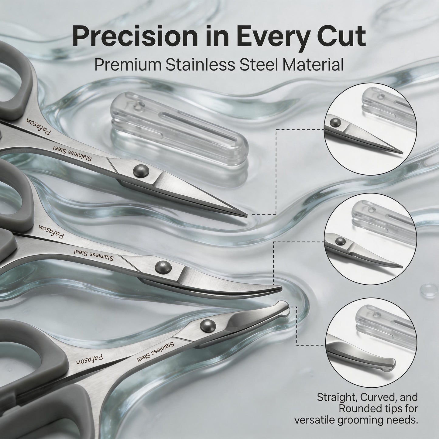 PAFASON Ultra Sharp Beard Scissors Set, High Precision Straight Curved Round Tip Mustache Facial Nose Hair Trimming Tool, Stainless Steel, Safety Case, Premium Leather Pouch