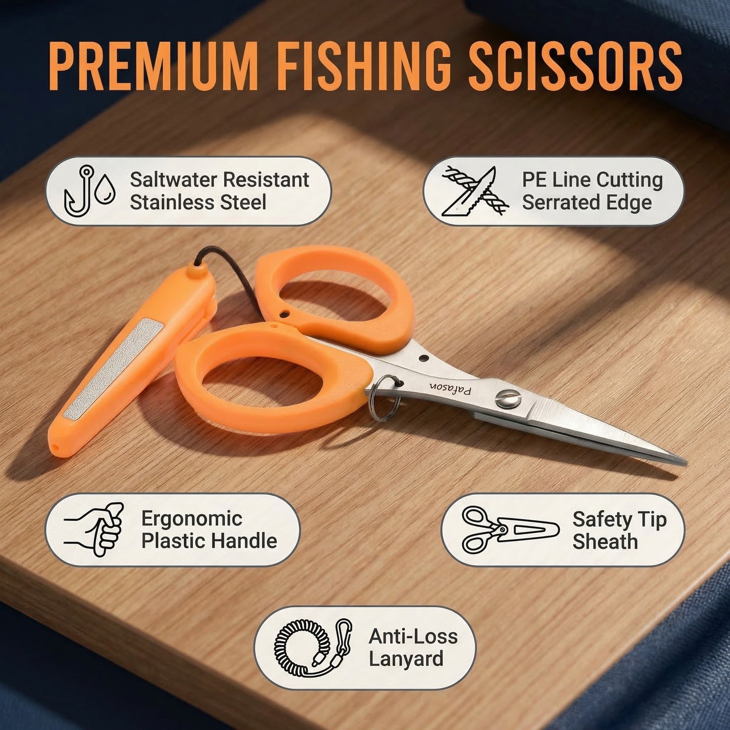 PAFASON 4.5" Fishing Scissors for Braided Line, Lanyard, Stainless Steel, Serrated Blades, Large Finger Holes, Non Slip Grip, Fishing Line Cutter, Safety Case