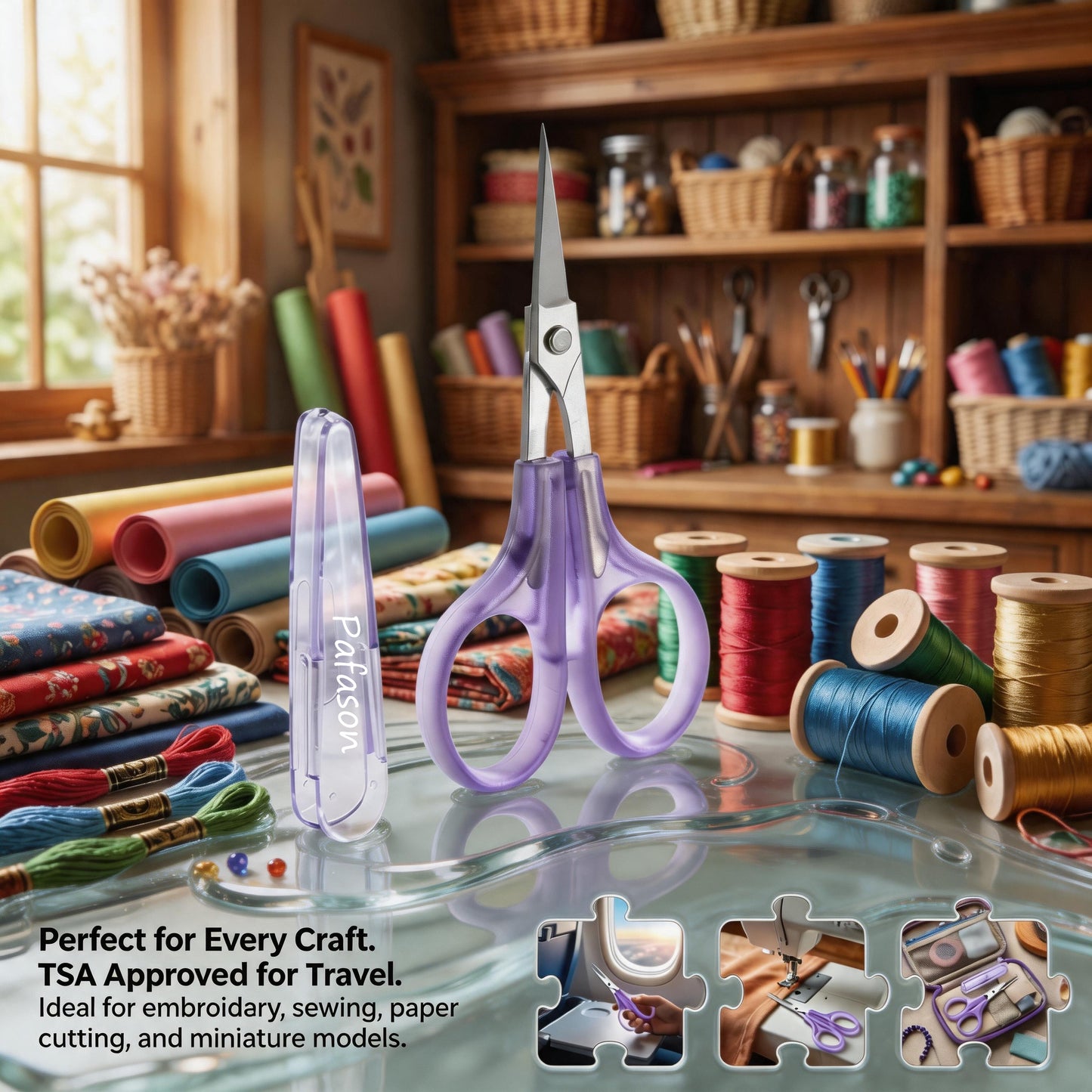 PAFASON Small Travel Craft Scissors Set Straight Curved Precision Tip All Purpose for Scrapbooking Quilting Sewing Knitting Embroidery Cross Stitch Crochet Thread Yarn Paper Detail Cutting Safety Case