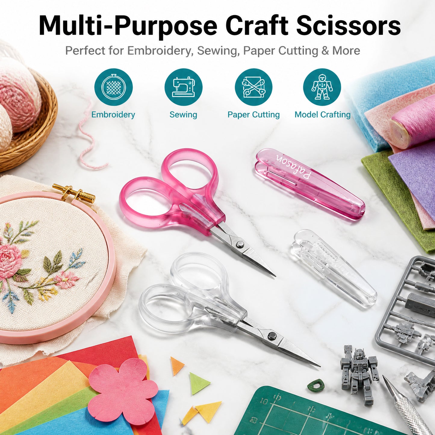 PAFASON Small Travel Sewing Embroidery Scissors Set Curve Straight Tip Stainless Steel for Quilting Knitting Crafting Cross Stitch Crochet Thread Yarn Paper Detail Cutting Safety Case