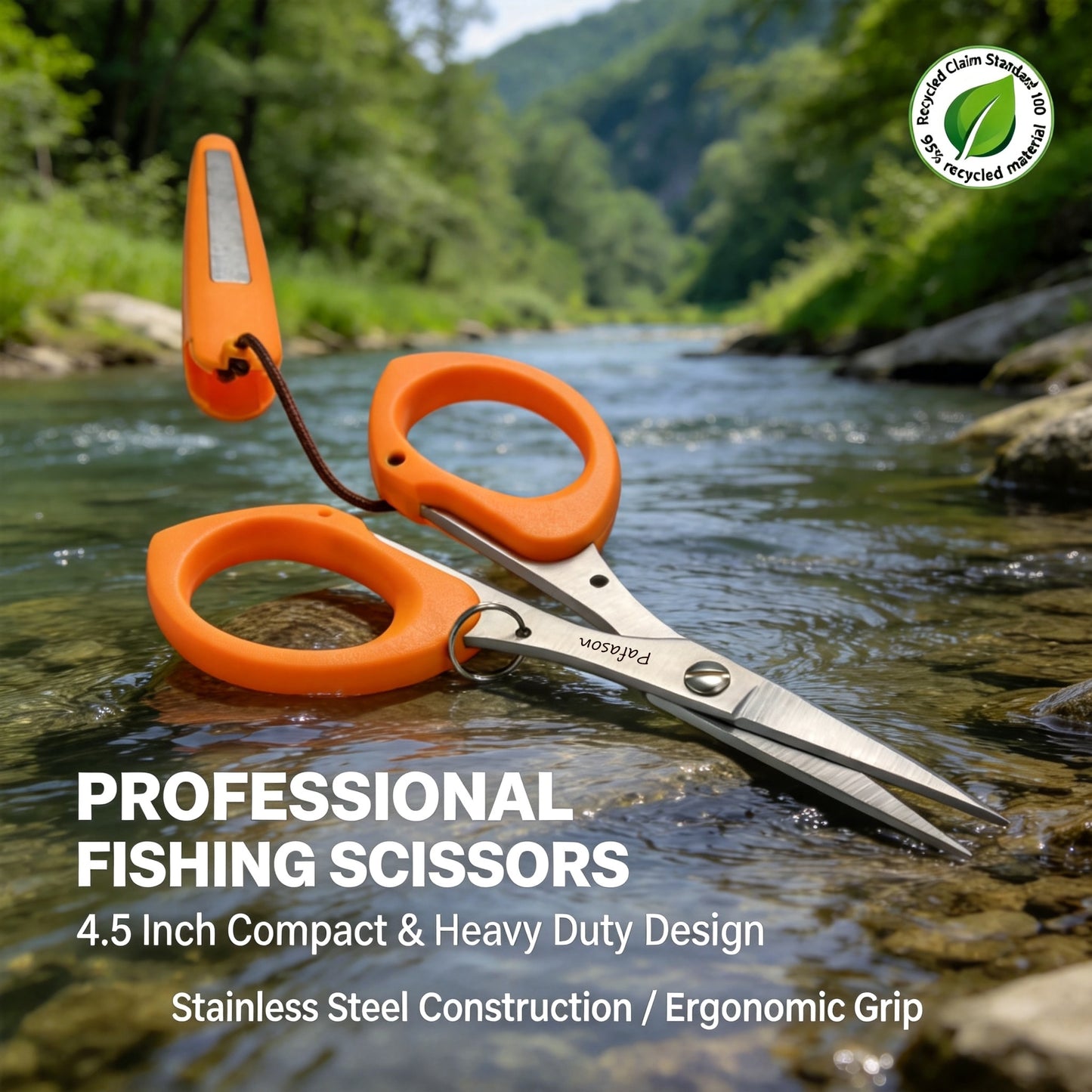 PAFASON 4.5" Fishing Scissors for Braided Line, Lanyard, Stainless Steel, Serrated Blades, Large Finger Holes, Non Slip Grip, Fishing Line Cutter, Safety Case