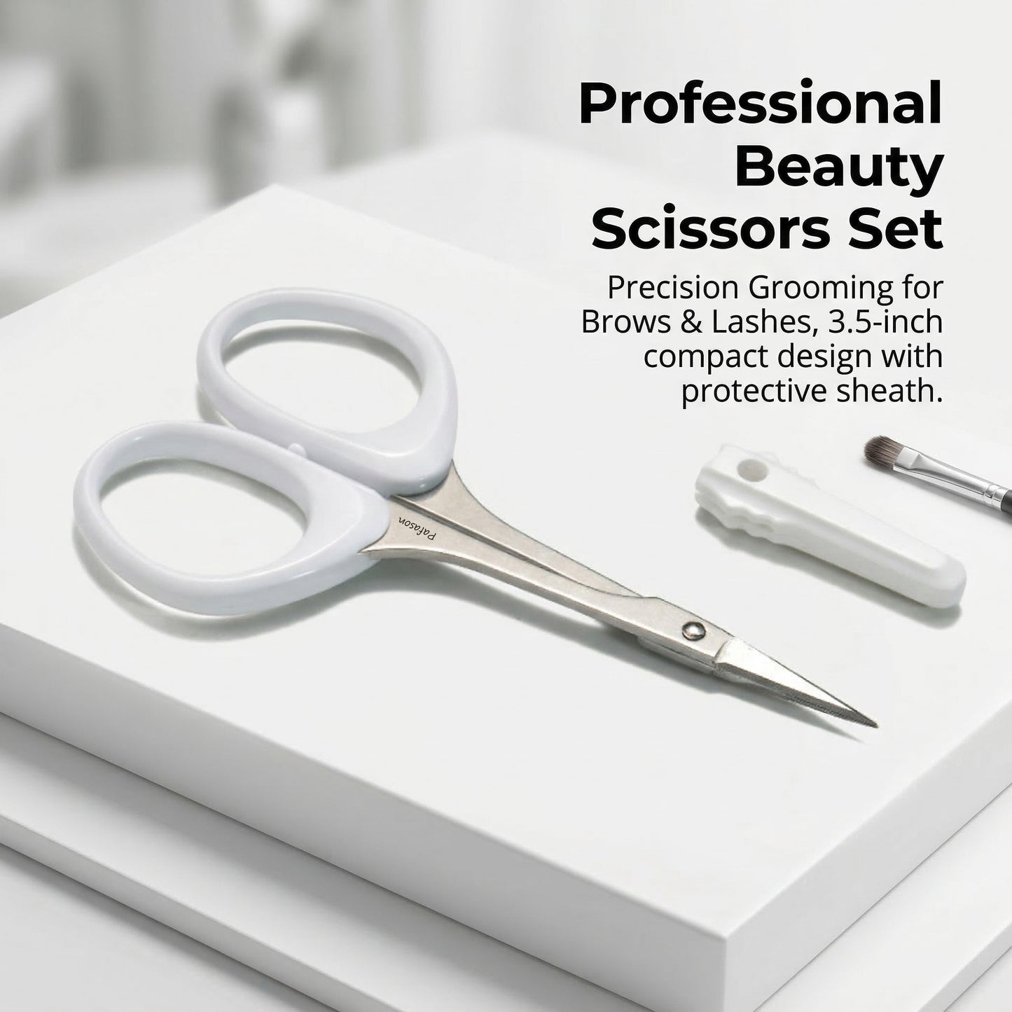 PAFASON Small High Precision Eyebrow Grooming Scissors Set, Beauty Makeup Cosmetic Tool, Curved, Straight Tip, Stainless Steel, Safety Case for Trimming Eyelash Extensions