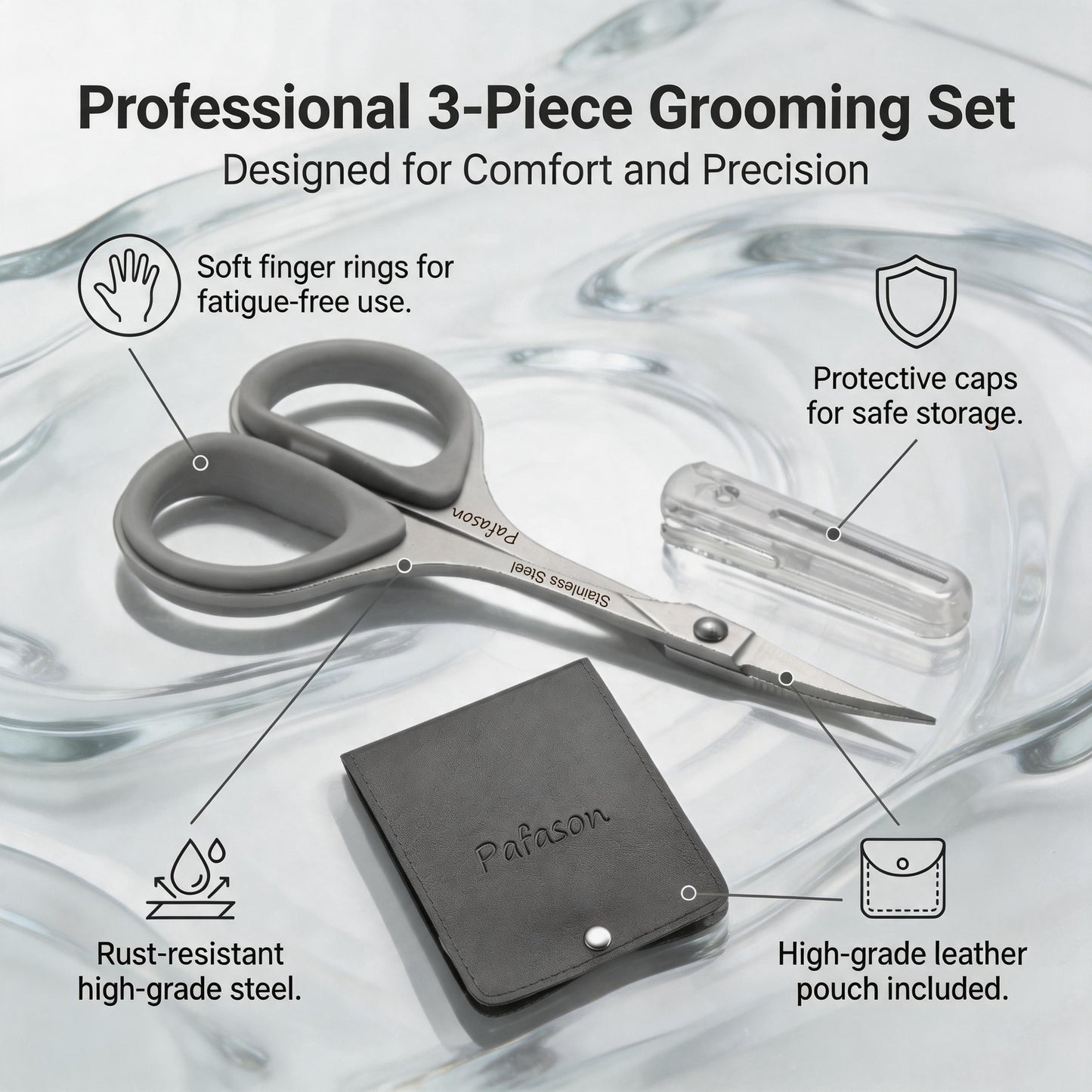 PAFASON Ultra Sharp Beard Scissors Set, High Precision Straight Curved Round Tip Mustache Facial Nose Hair Trimming Tool, Stainless Steel, Safety Case, Premium Leather Pouch