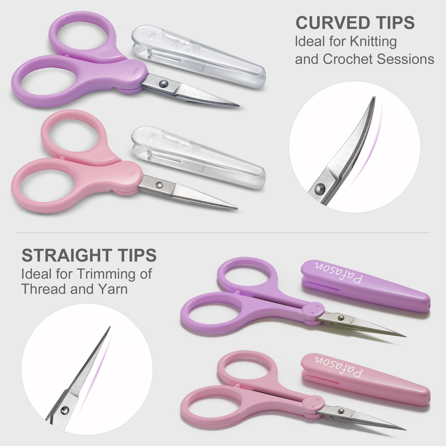 PAFASON Sharp Point Craft Scissor Set 4 PC Straight Curved for Scrapbooking Quilting DIY Sewing Knitting Embroidery Cross Stitch Crochet Thread Yarn Paper Detail Cutting Stainless Steel Safety Case