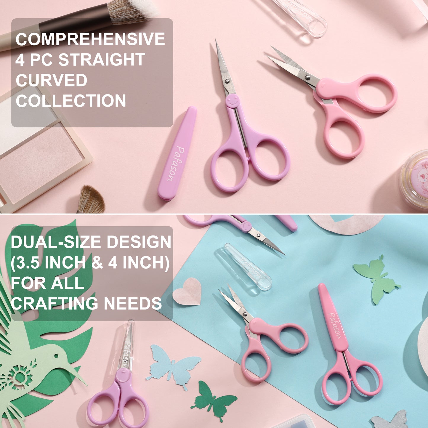 PAFASON Sharp Point Craft Scissor Set 4 PC Straight Curved for Scrapbooking Quilting DIY Sewing Knitting Embroidery Cross Stitch Crochet Thread Yarn Paper Detail Cutting Stainless Steel Safety Case
