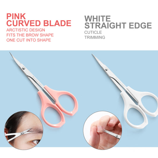 PAFASON Stainless Steel Curved and Straight Eyebrow Grooming Scissor Set with Safety Cover for Trimming Shaping Eyelash Extensions Eyebrow